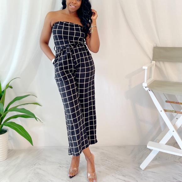 Women’s Black/White Off Shoulder Belted Jumpsuit - Picture 3 of 6